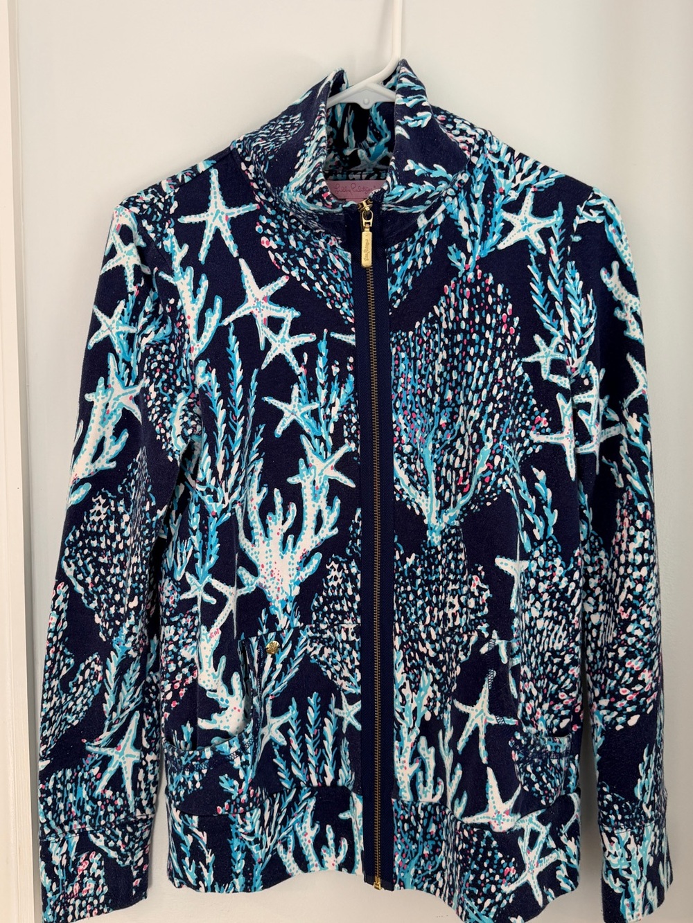 Lilly Pulitzer Navy and Aqua Sea Life Zip Jacket